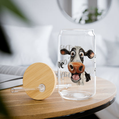 Did Someone Say MOO Lattee with Funny Cow on Glass Tumbler 16oz with lid and straw