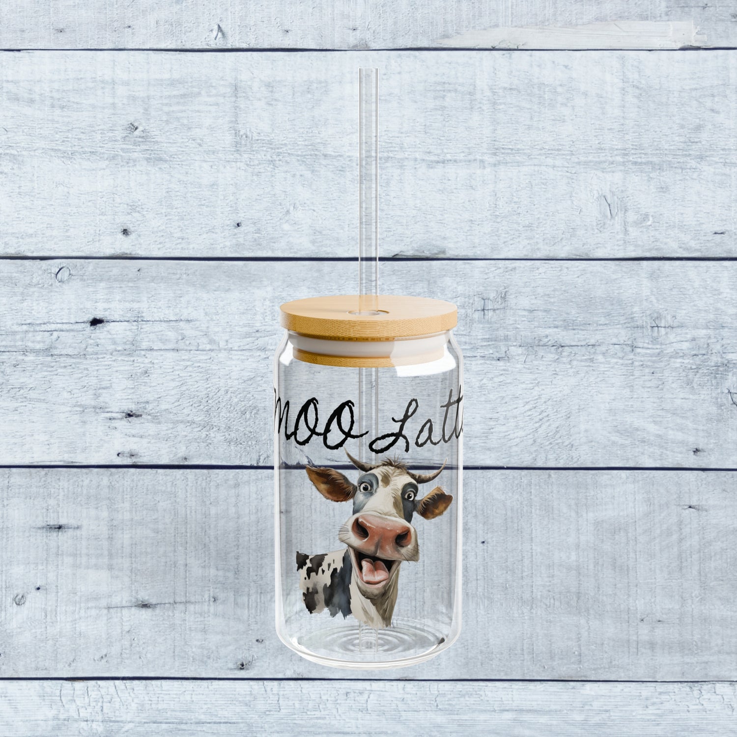 MOO Latte with Funny Cow on Glass Tumbler 16oz with lid and straw Gift for Cow Lover Animal Lover Gift for Her Funny Unique Coffee Mugs