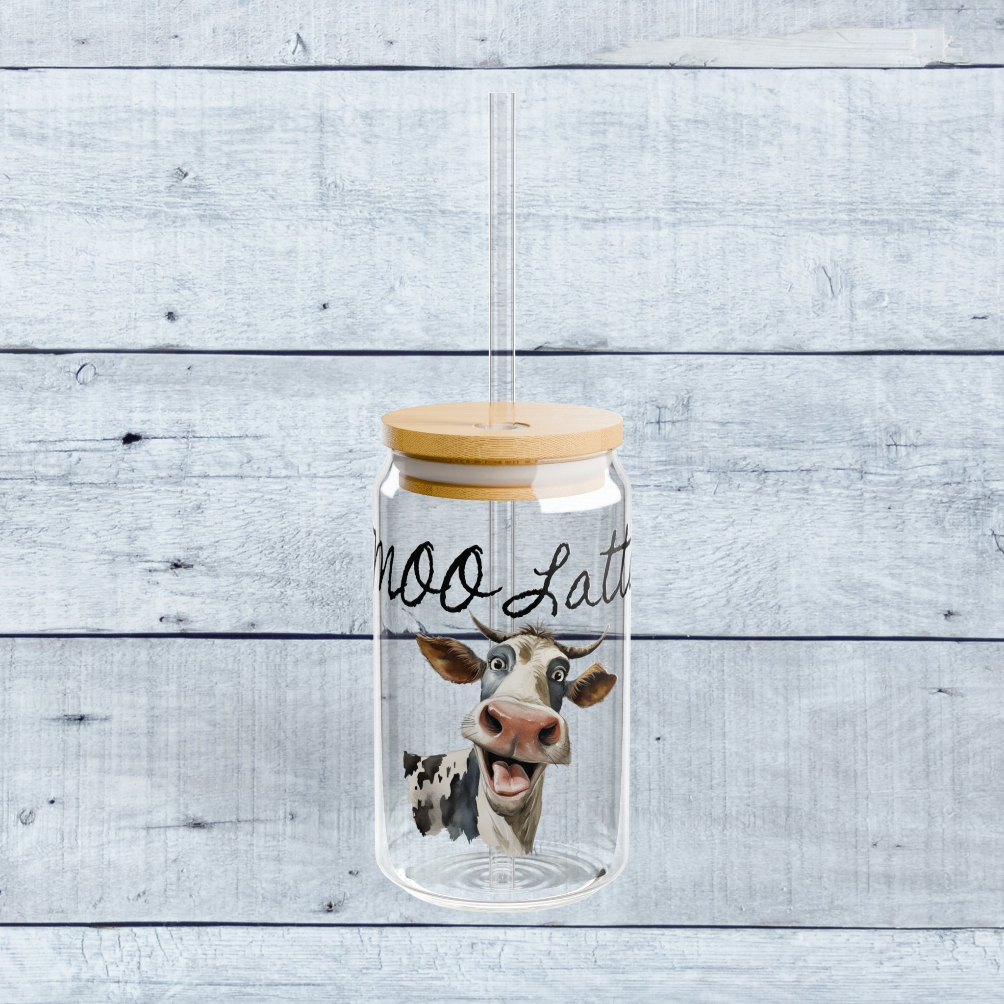 MOO Latte with Funny Cow on Glass Tumbler 16oz with lid and straw Gift for Cow Lover Animal Lover Gift for Her Funny Unique Coffee Mugs