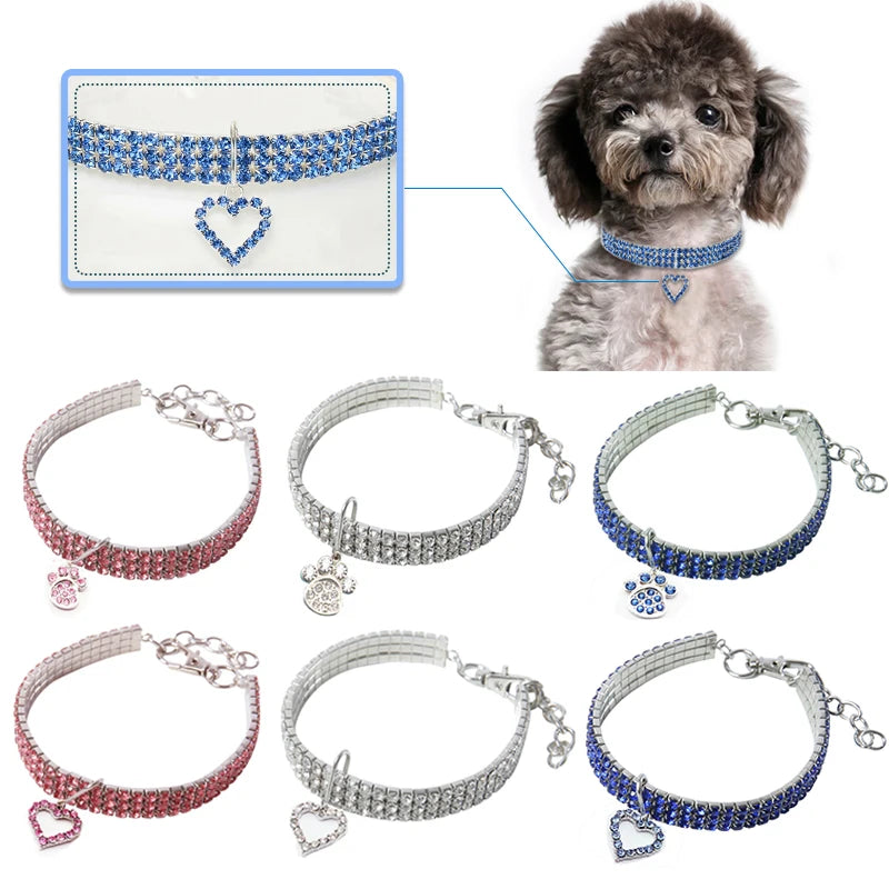 Luxury Bling Pet Collars - Shiny Rhinestone Necklace with Heart Pendant for Dogs &amp; Cats | Diamond Puppy Collar