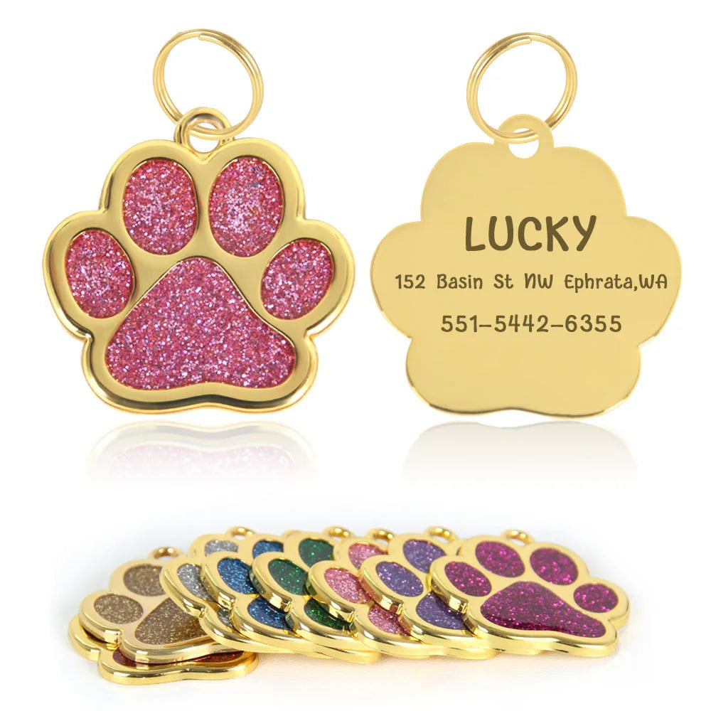 Personalized Pet ID Collar Tags - Custom Engraved Cat &amp; Dog Name Necklace with Gold Paw Glitter Pendant