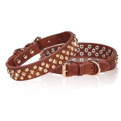 Rivet Leather Dog Collar – Retro Golden Rivet Adjustable Collar for Small, Medium &amp; Large Dogs