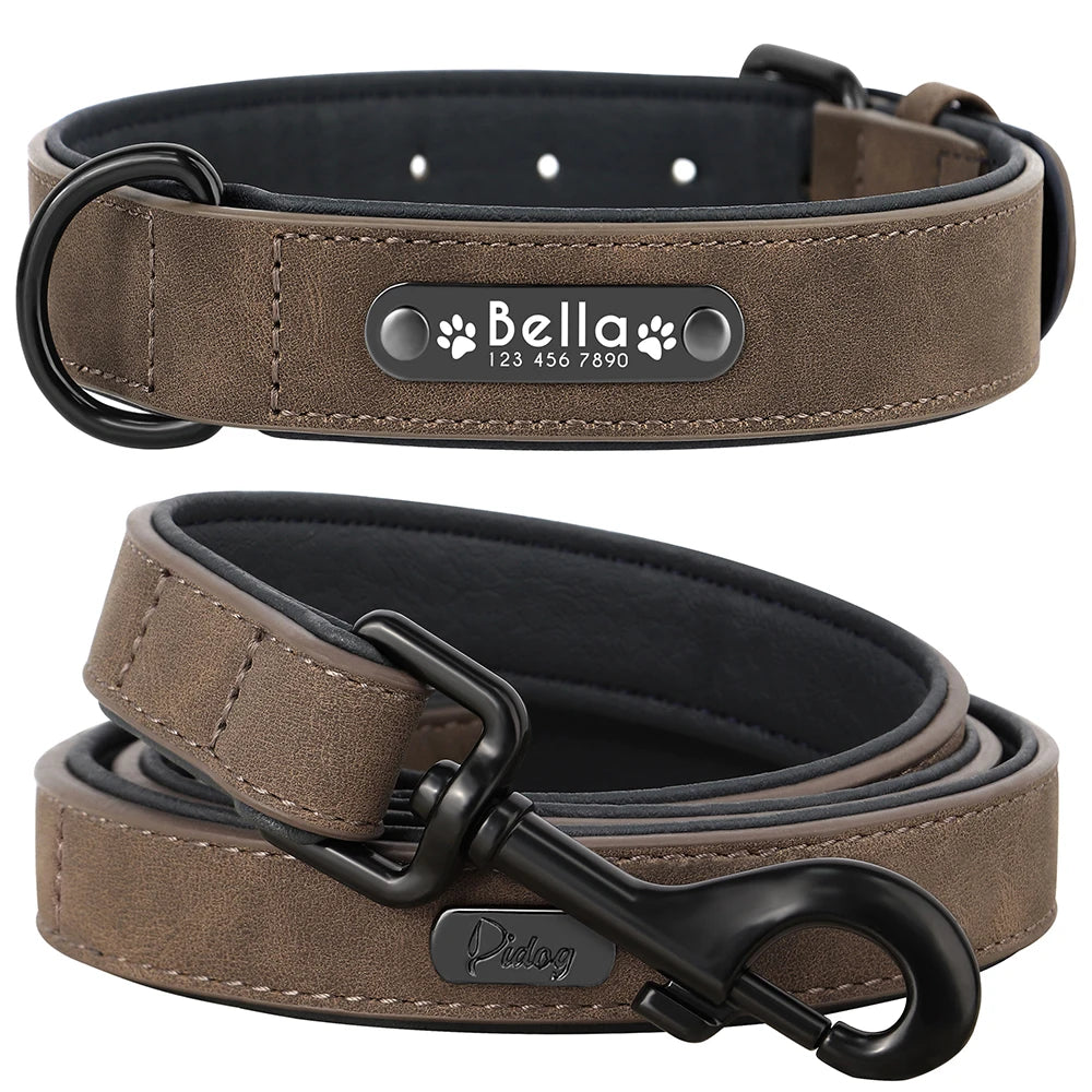 Custom Leather Dog Collar &amp; Leash Set - Personalized Durable Pet Collars for Small, Medium, &amp; Large Dogs