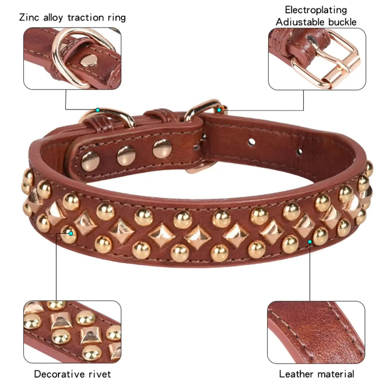 Rivet Leather Dog Collar – Retro Golden Rivet Adjustable Collar for Small, Medium &amp; Large Dogs