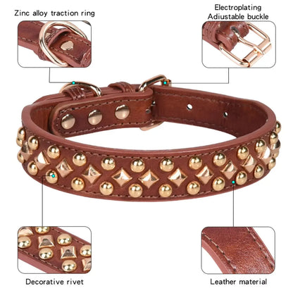 Rivet Leather Dog Collar – Retro Golden Rivet Adjustable Collar for Small, Medium &amp; Large Dogs