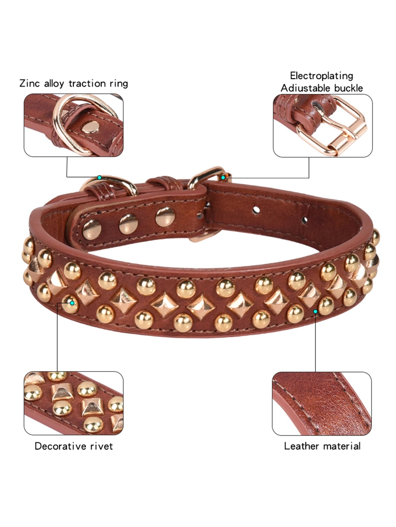 Rivet Leather Dog Collar – Retro Golden Rivet Adjustable Collar for Small, Medium &amp; Large Dogs