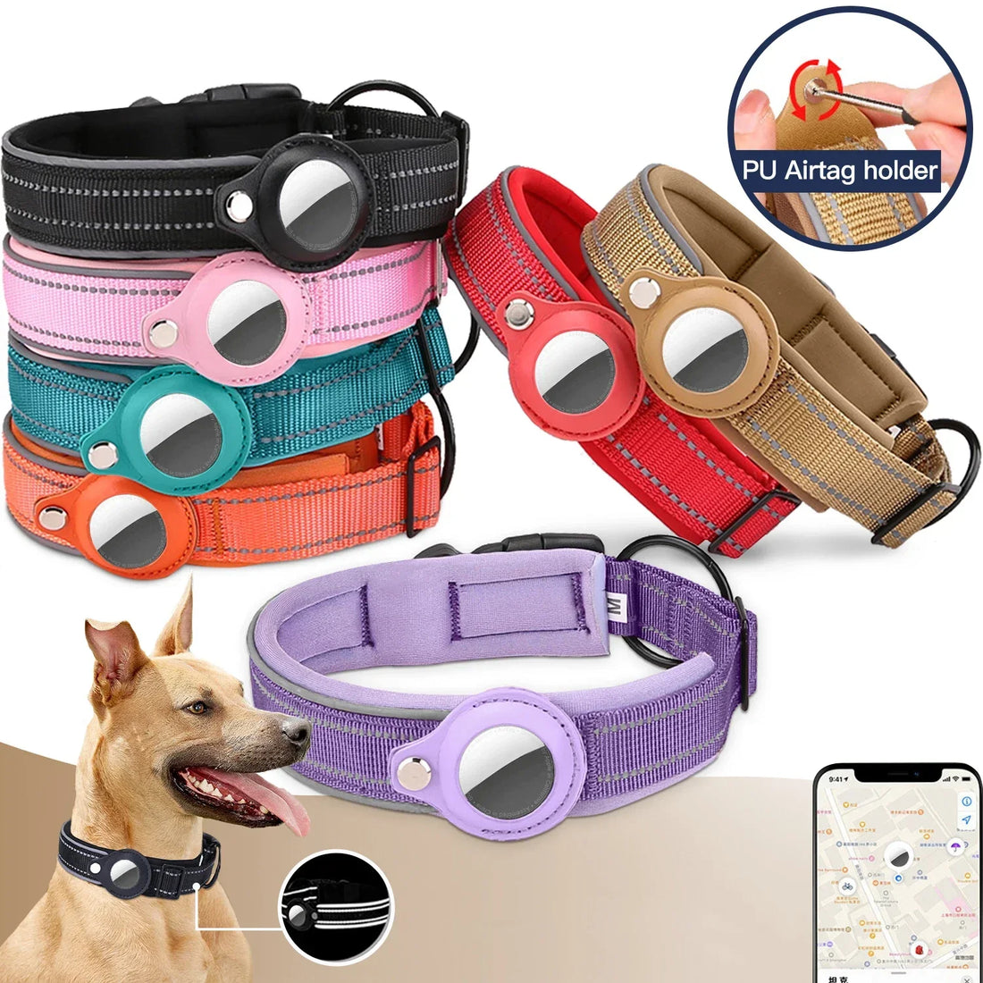 Colorful Durable Dog Collar with Airtag Holder - Strong Material, Safety Dog Collar, Airtag Sold Separately